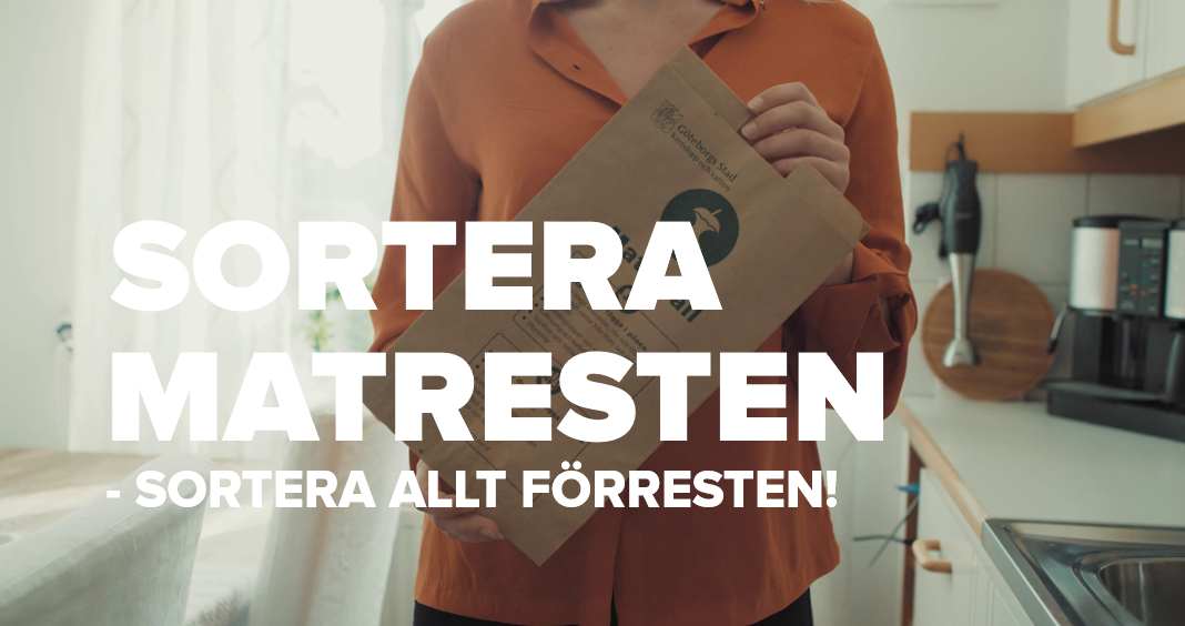 Komposteringspåse med texten sortera matresten - sortera allt förresten!.