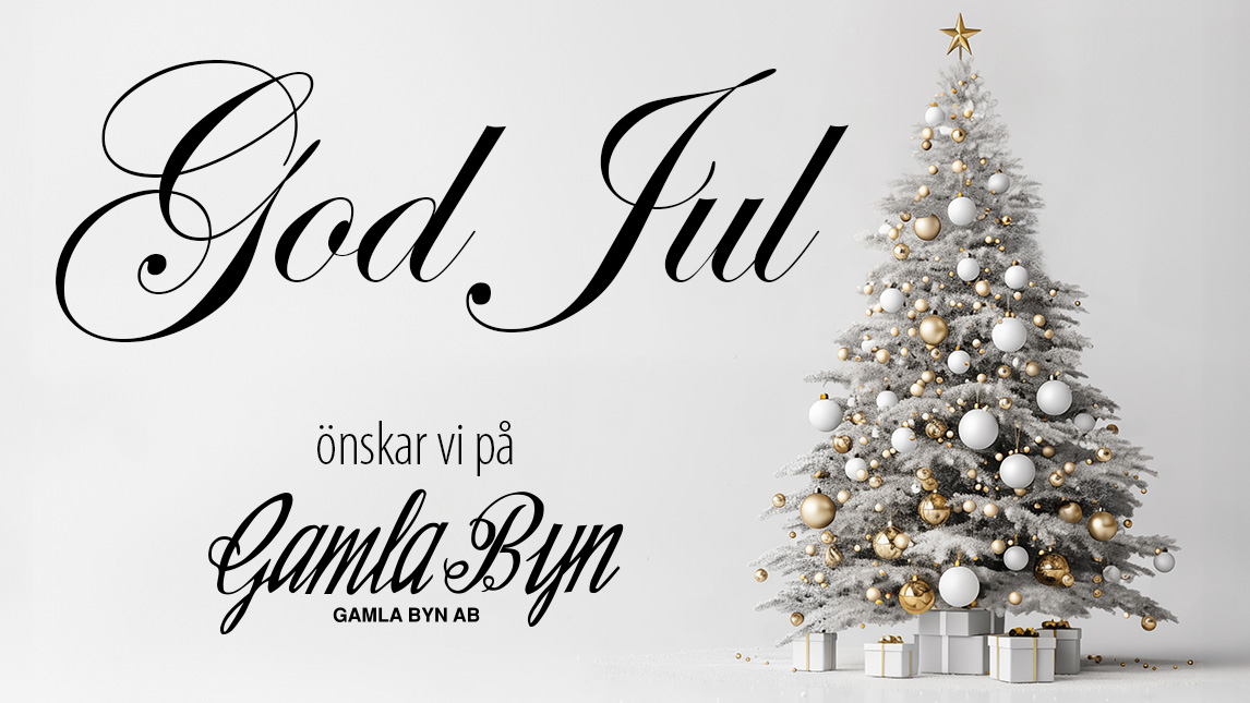 Julgran bredvid inklistrad text "God Jul".